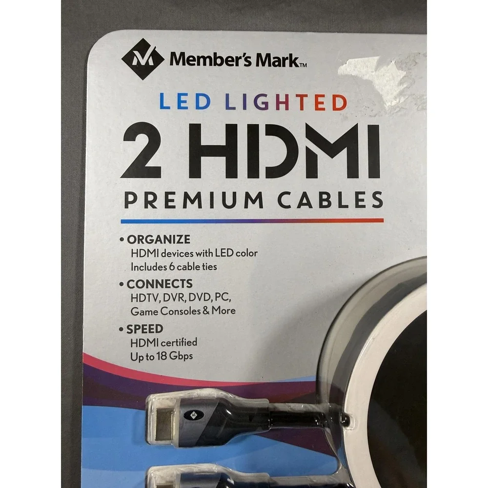 Member's Mark LED Lighted Premium HDMI Cables 2 Pack 9ft Black 4K 3D HDR